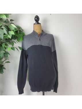 George 1/4 Zip Up Sweater, Men's Small Color Block Gray Black Ribbed